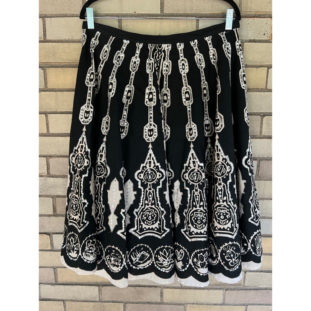 Boston Proper‎ Black Cream Sequin Boho Print A-Line Flare Midi Skirt Sz 8 Medium